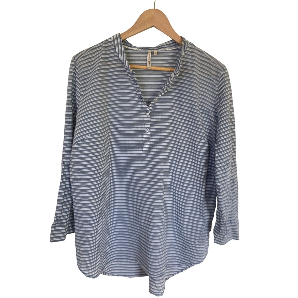 Grand & Greene Blue White Striped Henley Tunic Blouse Womens Large Relaxed Fit